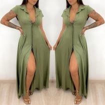 Fashion Short Sleeve POLO Collar Solid Color Slit Hem Shirt Dress