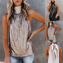 Fashion T-shirt with High Collar and Sleeveless Design, featuring a Stylish Back Bow-knot and Sequin Embellishments