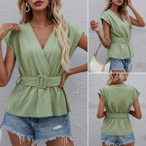 Fashion Solid Color Cap Sleeve V-neck Top with Waistband