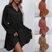 OL Style Long Sleeve POLO Collar Drawstring Lace-up Waist Solid Color Shirt Dress
