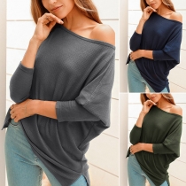 Sexy Oblique Shoulder Long Sleeve Solid Color Loose Knit Top