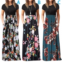 Fashion Short Sleeve Round Neck High Waist Printed Spliced Hem Maxi Dress