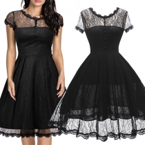 Elegant Solid Color Short Sleeve Round Neck High Waist Lace Dress