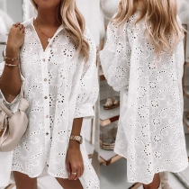 Fashion Half Sleeve POLO Collar Single-breasted Loose Hollow Out Shirt Dress