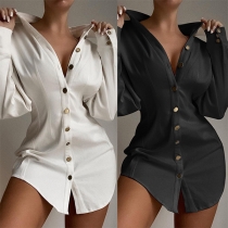 OL Style Long Sleeve POLO Collar Single-breasted Solid Color Shirt Dress