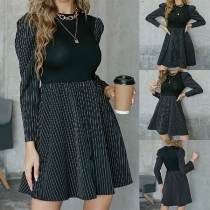Fashion Striped Spliced Long Sleeve Round Neck High Waist Mock Two-piece Dress