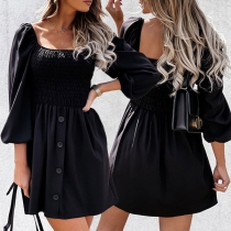 Sexy Backless Squasre Collar 3/4 Lantern Sleeve High Waist Black Dress