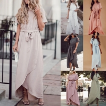 Fashion Solid Color Short Sleeve Round Neck Irregular Hem Tie-Belt Dress