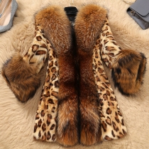 Mode fuskpäls skarvad långärmad leopardmönstrad kappa（Storlek Run Small）