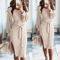 Elegant Solid Color Lantern Sleeve V-neck Slit Hem Tie-belt Slim Fit Dress