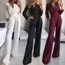 OL-stil Långärmad Skårad Lapel, Hög Midja, Enfärgad Jumpsuit