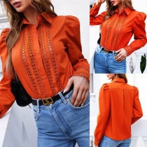 OL Style Long Sleeve POLO Collar Solid Color Hollow Out Shirt