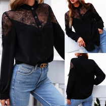 Sexy See-through Lace Spliced Long Sleeve Stand Collar Shirt