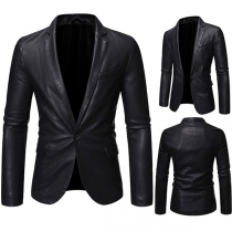 Mode Långärmad Enfärgad Slim Fit Herr PU-läderjacka Kostymkavaj（Storlek Run Small）