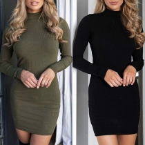 Simple Style Long Sleeve Mock Neck Solid Color Slim Fit Knit Dress