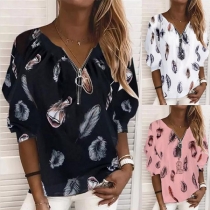 Fashion Long Sleeve Zipper V-neck Feather Printed Loose T-shirt