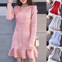 Elegant Solid Color Short Sleeve Round Neck Ruffle Hem Slim Fit Dress