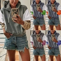 Casual Style Contrast Color Long Sleeve Hooded Loose Sweatshirt