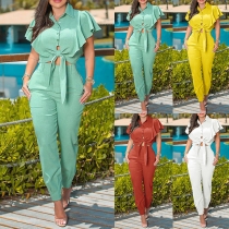 OL Style Lotus Sleeve Knotted Hem Top + High Waist Pants Two-piece Set