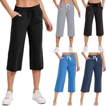 Enkel stil enfärgade byxor med elastisk midja och dragsko