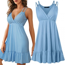 Sexy Backless V-neck Ruffle Hem Solid Color High Waist Sling Dress