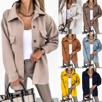 Fashion Solid Color Long Sleeve POLO Collar Single-breasted Woolen Coat with Waist Strap