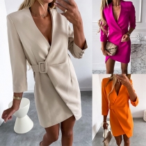 OL Style 3/4 Sleeve V-neck Lace-up Solid Color Dress