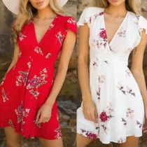 Sexy V-neck Short Sleeve High Waist Printed SUmmer Dress