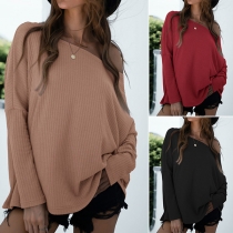 Sexy Oblique Shoulder Long Sleeve Solid Color Loose T-shirt