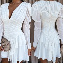 Sexy Deep V-neck Long Sleeve Ruffle Hem Solid Color Dress