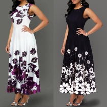 Fashion Sleeveless Round Neck High Waist Printed Dress