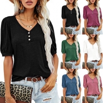 Fashion Solid Color Short Sleeve V-neck Loose T-shirt