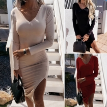 Fashion Solid Color Long Sleeve V-neck Slit Hem Solid Color Dress