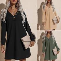 Fashion Button V-neck Long Sleeve Solid Color Slim Fit Knit Dress