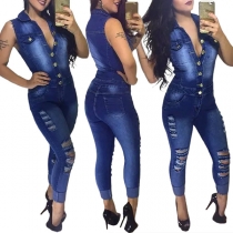 Retro Style ärmlös POLO krage Enkelknäppt Slim Fit Ripped Denim Jumpsuit