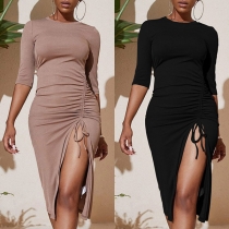 Sexy Drawstring Slit Hem Long Sleeve Round Neck Solid Color Slim Fit Dress