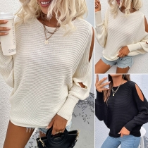 Sexy Hollow Out Dolman Sleeve Round Neck Solid Color Knit Top