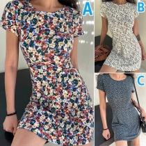 Fresh Style Short Sleeve Round Neck Slim Fit Printed Dress