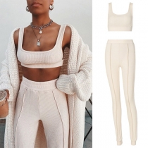 Sexy U-neck Sleeveless Crop Top + High Waist Pants Knit Two-piece Set