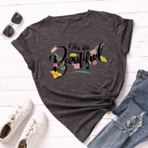 Fashion Flower Letters Printed Long Sleeve Round Neck Loose T-shirt