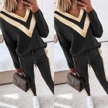 Fashion Sequin Spliced V-neck Long Sleeve Sweatshirt + Pants Two-piece Set