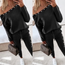 Sexy Beaded Oblique Shoulder Long Sleeve Sweatshirt + Pants Two-piece Set