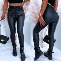 Mode enfärgad hög midja Front-knapp Slim Fit PU-läderbyxor