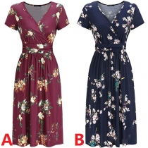 Sexy V-neck Short Sleeve High Waist Printed Maxi Dress