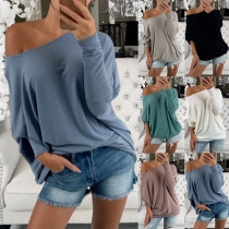 Sexy Oblique Shoulder Long Sleeve Solid Color Loose T-shirt