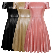 Sexy Off-shoulder Boat Neck Short Sleeve High Waist Solid Color Party Dress