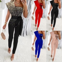 Sexy Off-shoulder Short Sleeve High Waist Solid Color Jumpsuit