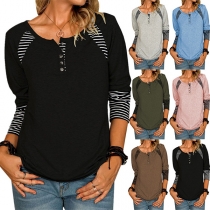 Fashion Striped Spliced Long Sleeve Round Neck T-shirt