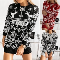 Fashion Long Sleeve Round Neck Elk Snowflake Pattern Knit Dress