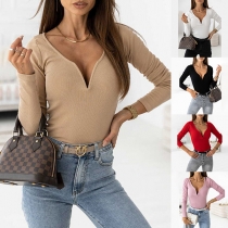 Sexy V-neck Long Sleeve Solid Color Slim Fit T-shirt